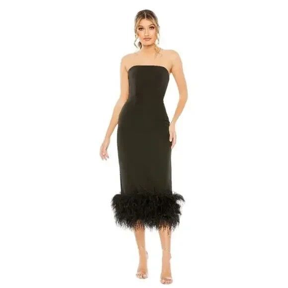 MAC DUGGAL WOMEN'S BLACK STRAPLESS MIDI DRESS WITH FEATHER TRIM NWT SZ 16 - Picture 1 of 7